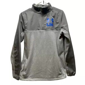 Under Armour Coldgear Youth XL 1/4 Zip Jacket Fleece Gray Blue Logo Warm EUC